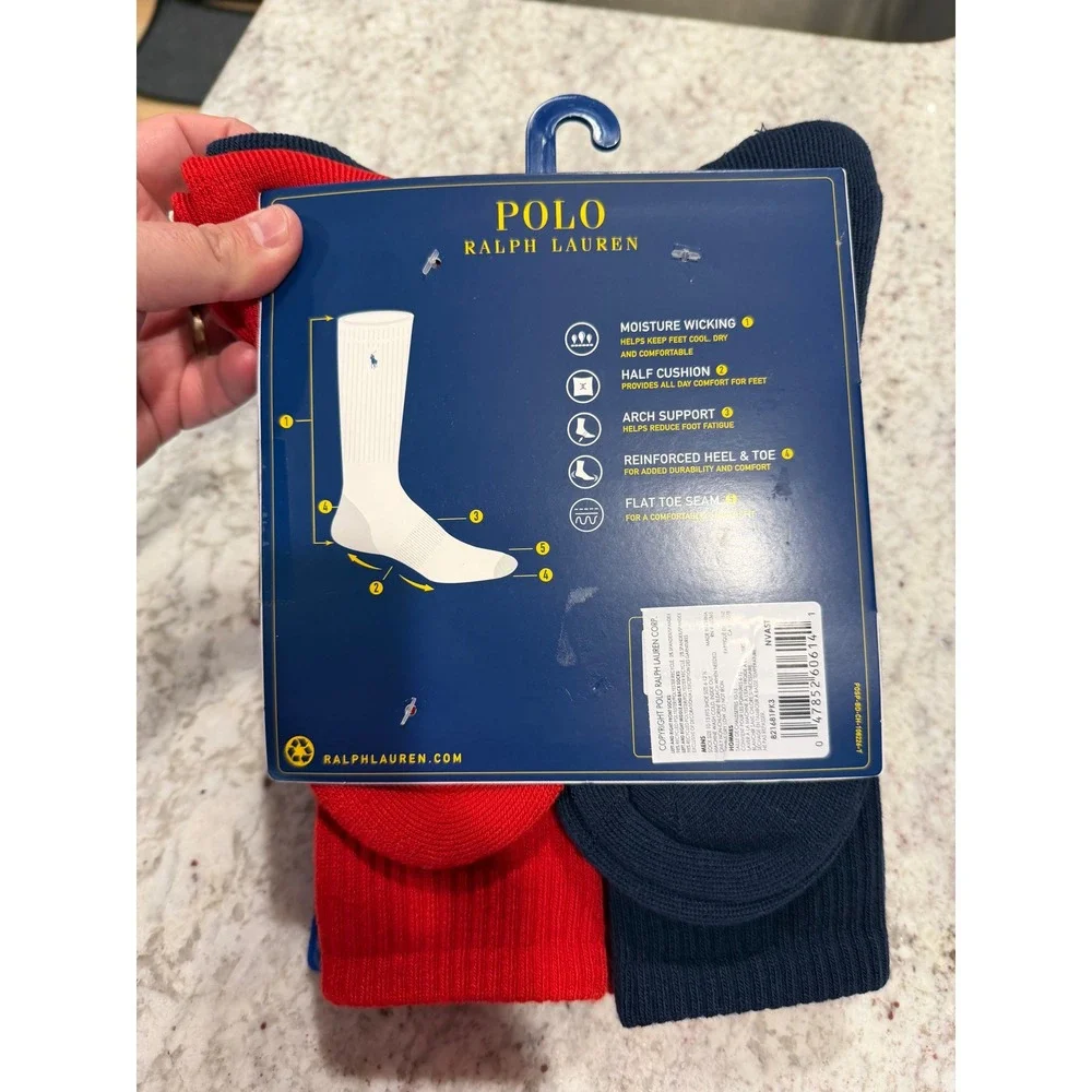 Polo Ralph Lauren Mens 6 Pack Performance Crew Socks USA Navy Red White NWT